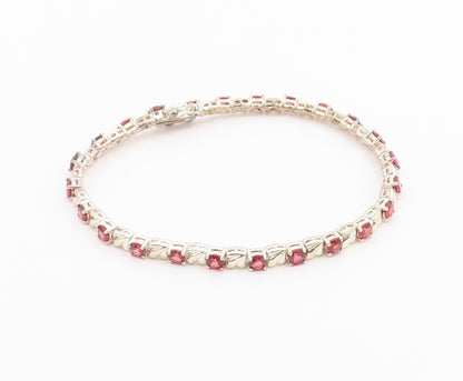 925 Sterling Silver  Vintage Prong Set Red Topaz Shiny Chain Bracelet  BT8316