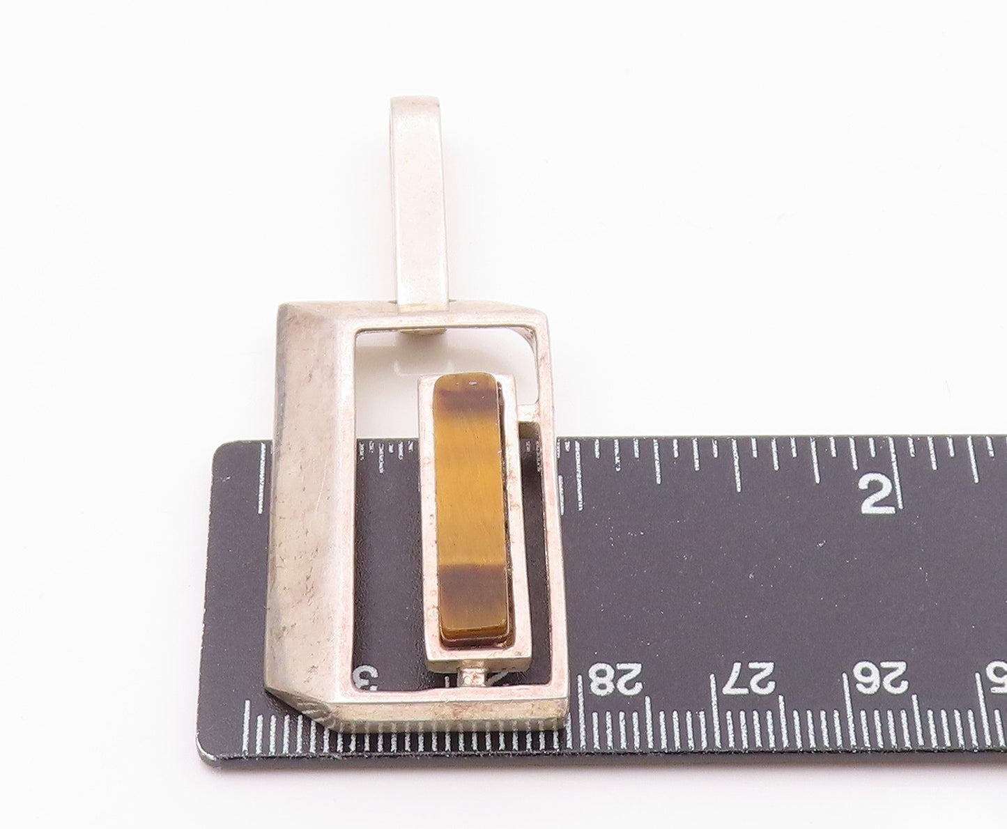 925 Sterling Silver  Vintage Open 3D Rectangle & Tiger's Eye Pendant  PT21816