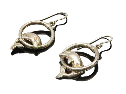 925 Sterling Silver  Vintage Shiny Leaping Dolphin Motif Drop Earrings  EG8190