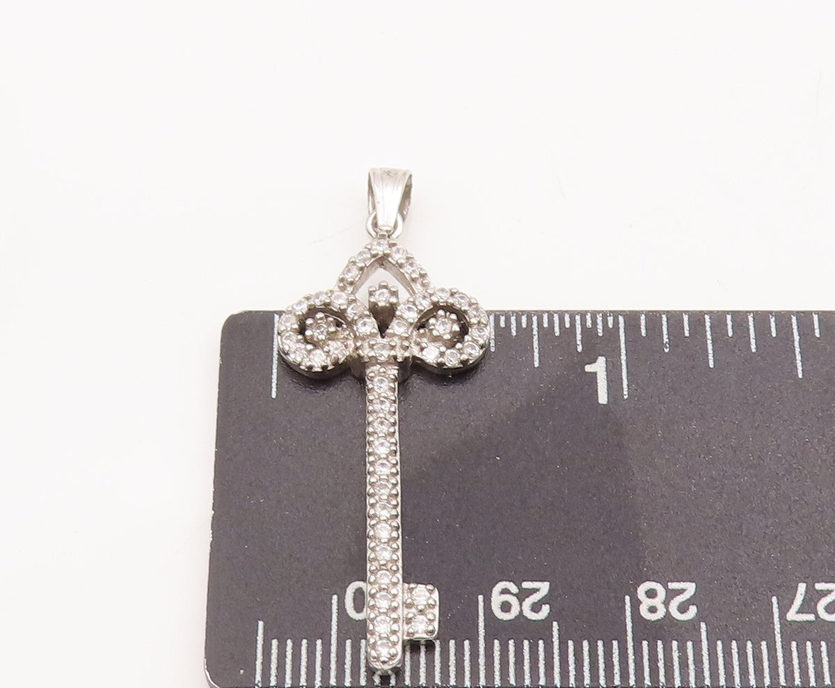 925 Sterling Silver Vintage Pendant Swirly Cutout Carved CZ Inlay Key  PT23102