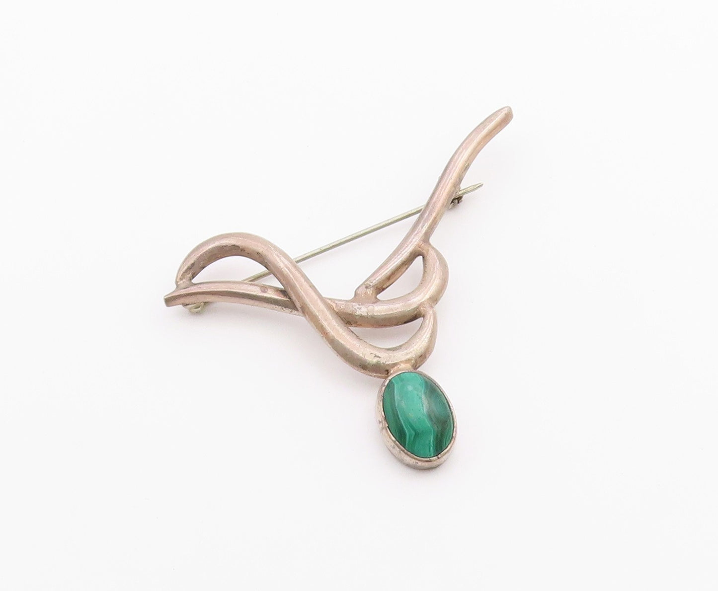 MEXICO 925 Sterling Silver  Vintage Cabochon Cut Malachite Brooch Pin  BP8836