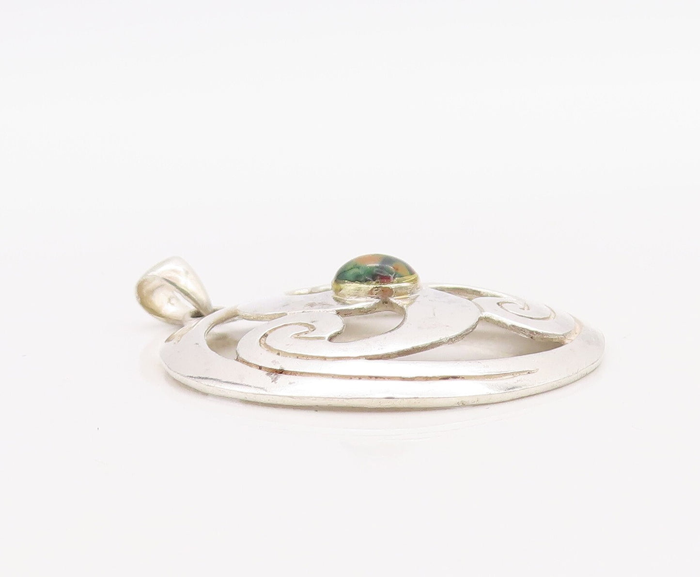 925 Sterling Silver Vintage Pendant Cutout Gemstone Inlay Triskele  PT23503
