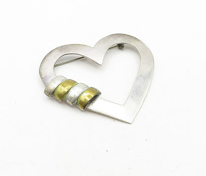 MEXICO 925 Sterling Silver  Vintage 2 Tone Open Love Heart Brooch Pin  BP1471