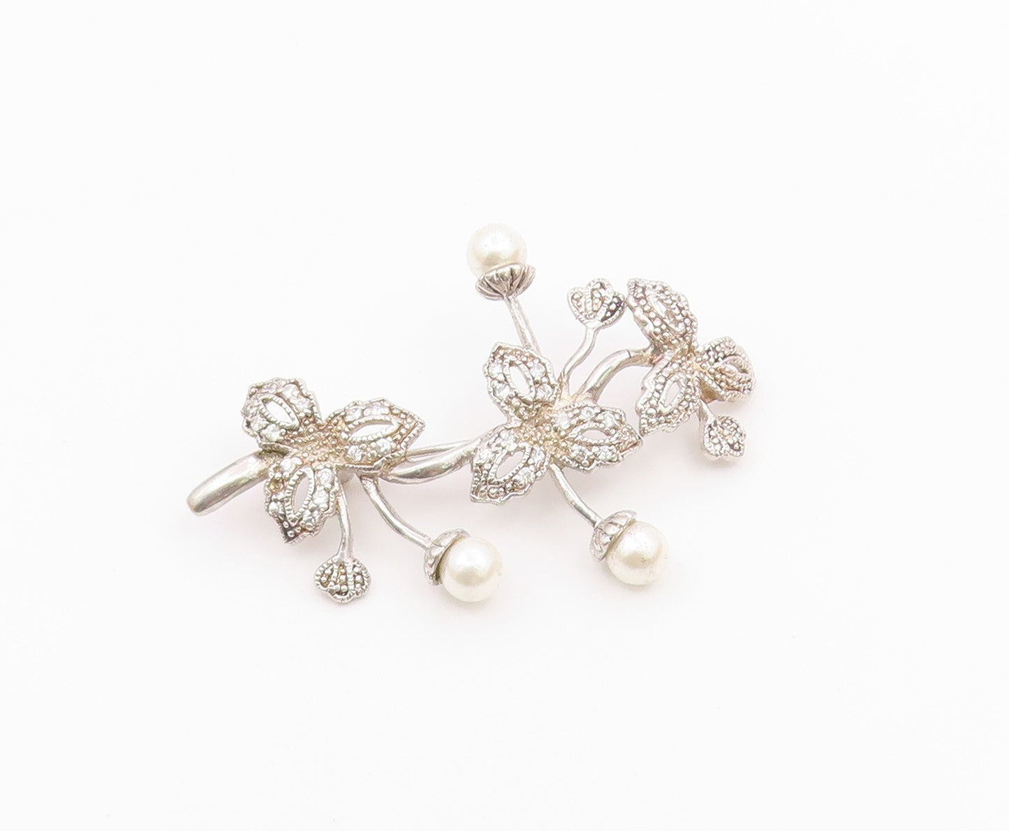 925 Silver  Vintage Fancy Freshwater Pearls & Topaz Stem Brooch Pin  BP10065