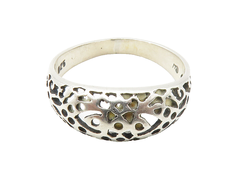 925 Sterling Silver  Vintage Shiny Cutout Design Dome Band Ring Sz 6.5 RG14591