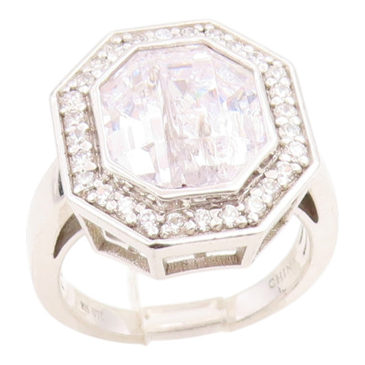 925 Sterling Silver Vintage Ring CZ Halo Geometric Octagon Band  Sz 7  RG35769