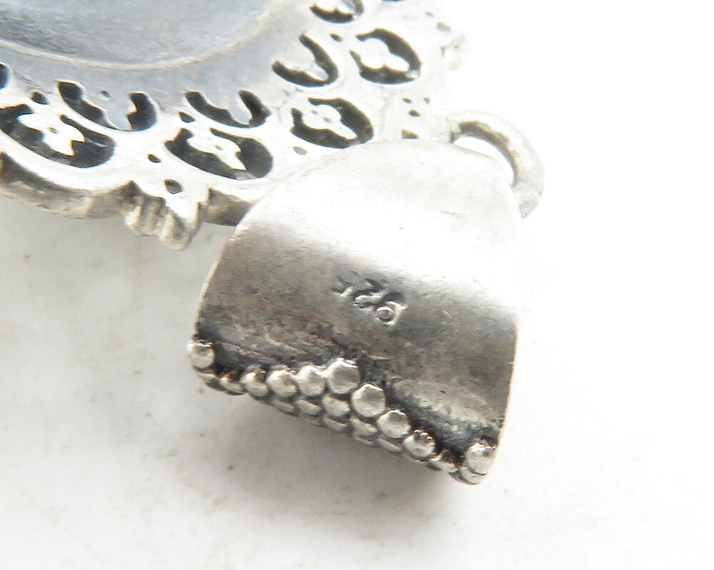 925 Sterling Silver  Vintage Cabochon Larimar Floral Pattern Pendant  PT9540