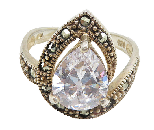 925 Silver  Vintage Pear Cubic Zirconia & Marcasite Band Ring Sz 7  RG19272