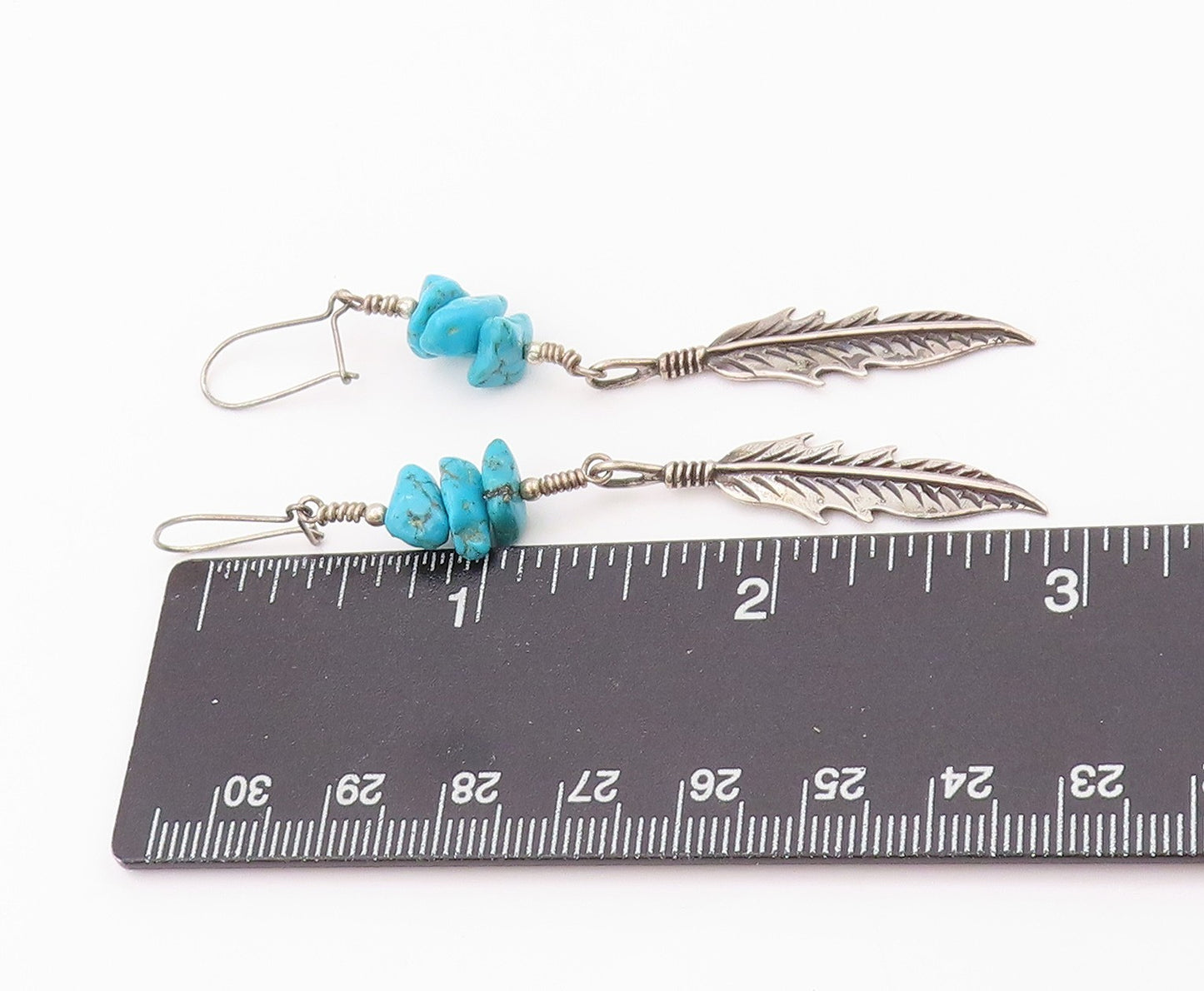 925 Sterling Silver Vintage Earrings NAVAJO Turquoise Carved Feather  EG13487