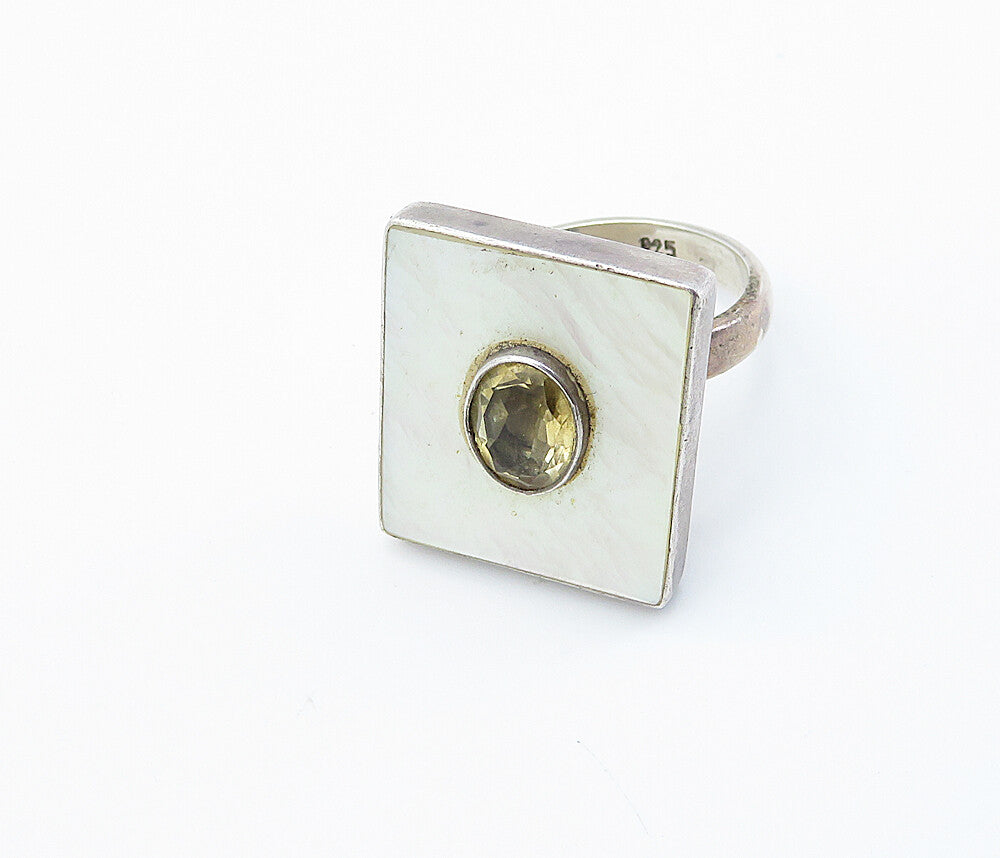 925 Sterling Silver  Mother Of Pearl & Topaz Square Cocktail Ring Sz 8  RG8213