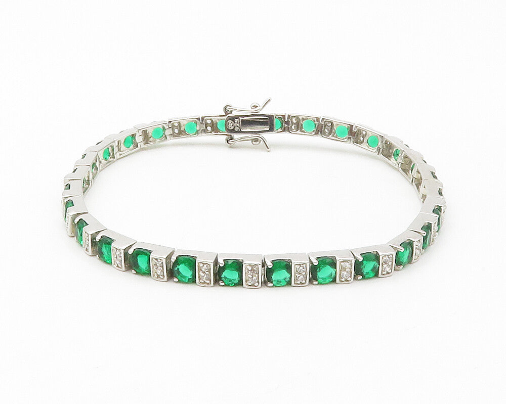 925 Sterling Silver  Round Cut Green & White Topaz Chain Bracelet  BT5414
