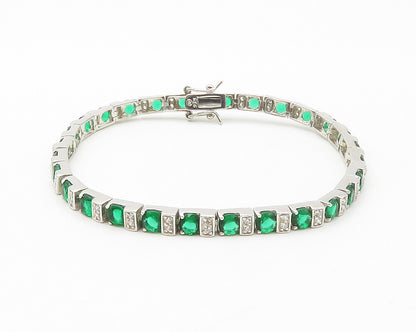 925 Sterling Silver  Round Cut Green & White Topaz Chain Bracelet  BT5414