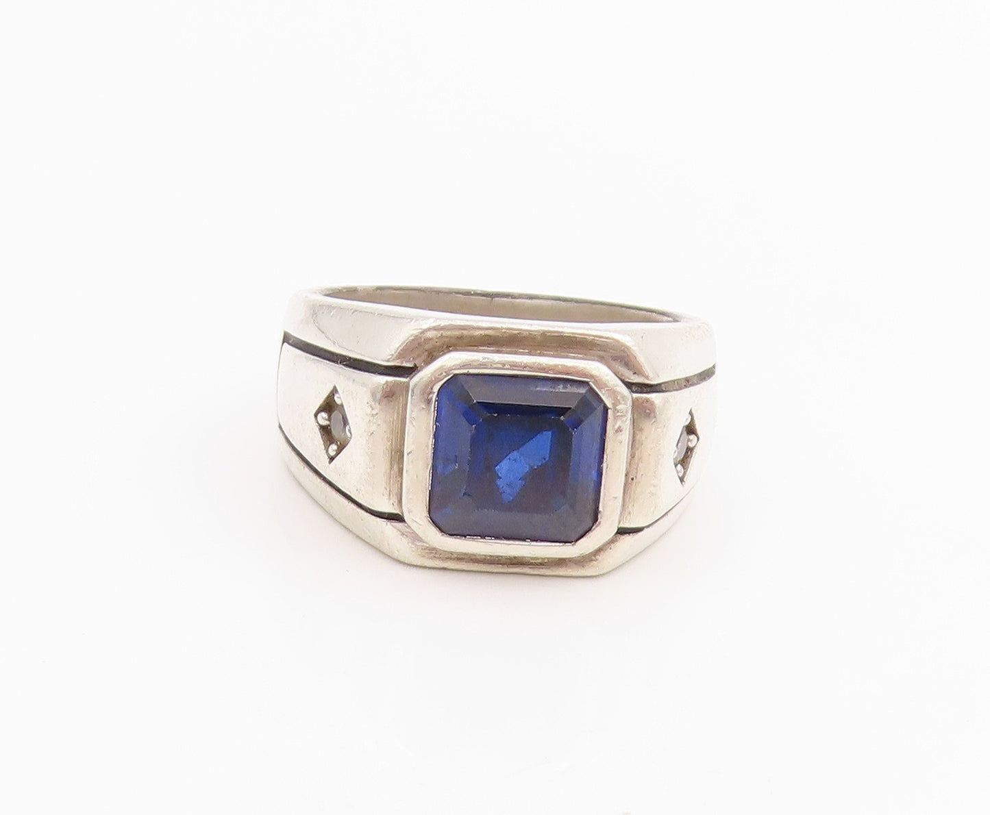 925 Sterling Silver Vintage Ring Blue Lab Sapphire & CZ Band  Sz 11.5  RG34478