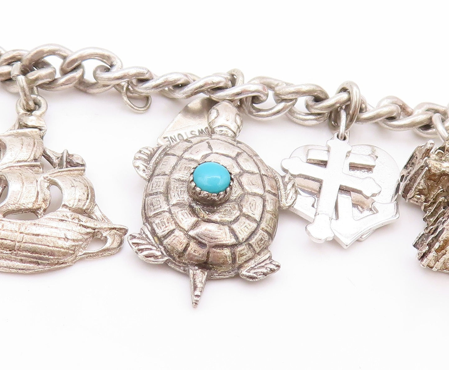 925 Sterling Silver Vintage Bracelet Ocean Life Dangling Larimar Charms  BT11276