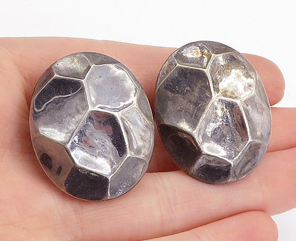 925 Sterling Silver  Vintage Shiny Dark Tone Dented Non Pierce Earrings EG2402