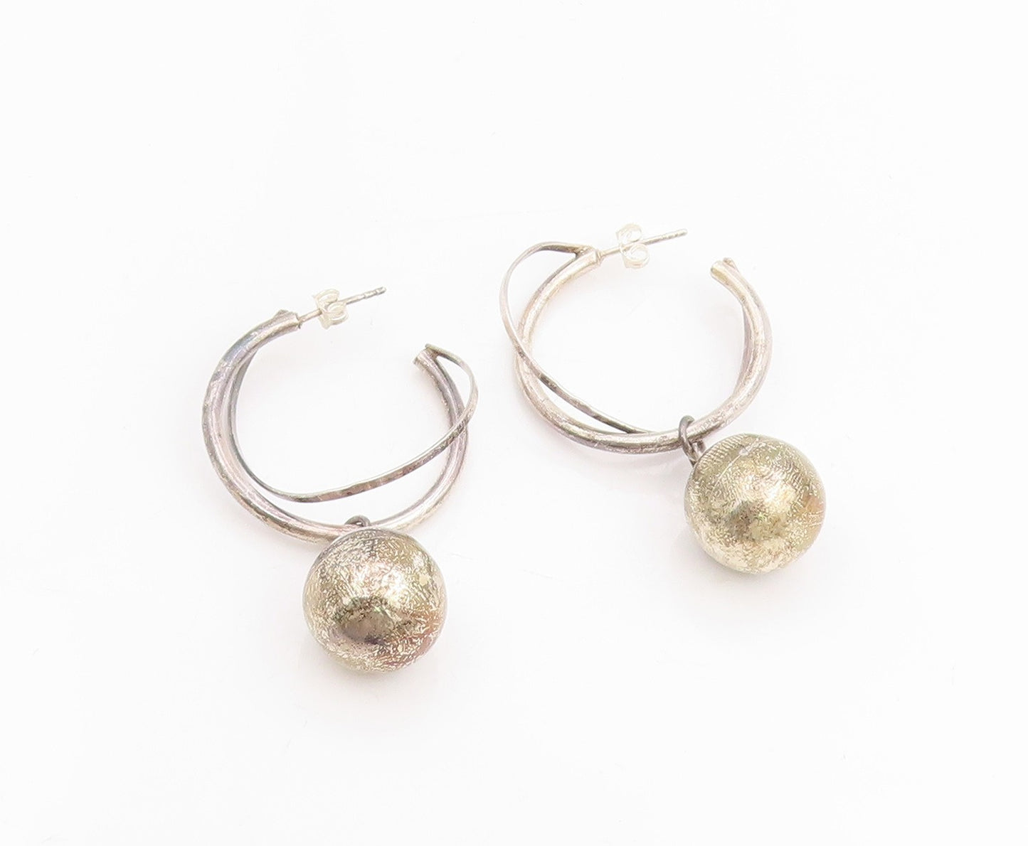 925 Sterling Silver Vintage Earrings Double Hoop Geometric Sphere Dangle EG13757