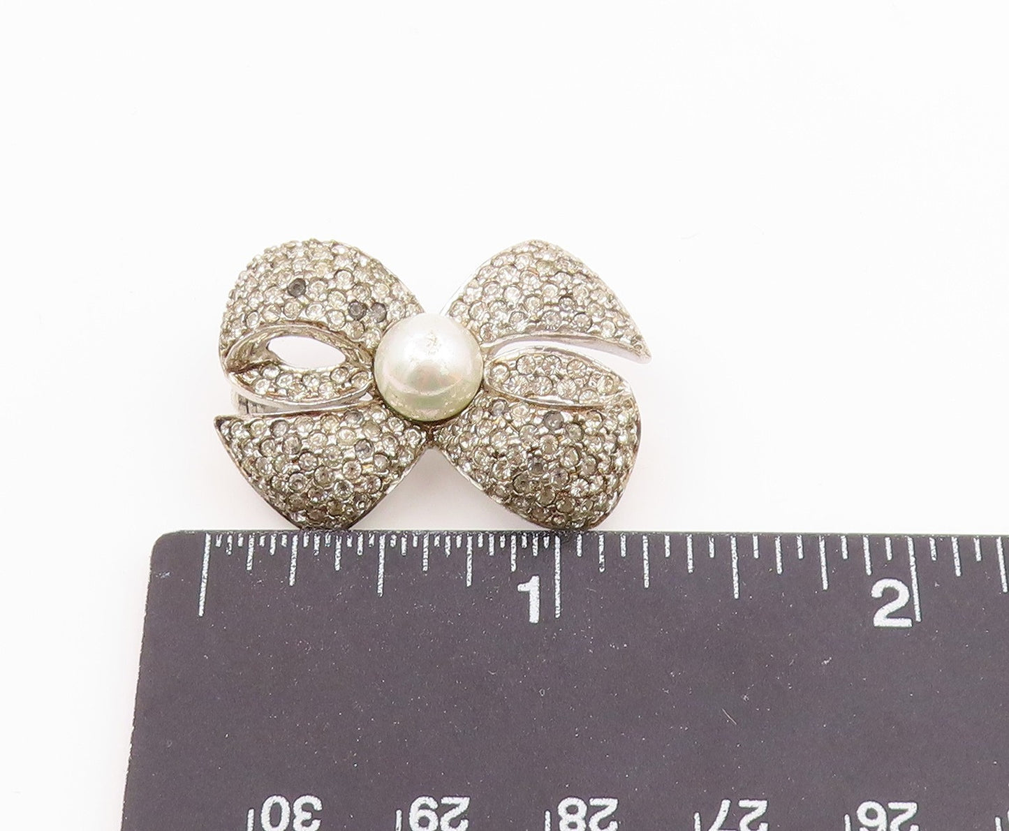 925 Sterling Silver  Vintage Pearl & Topaz Bow Tied Ribbon Brooch Pin  BP8545