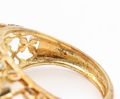 925 Sterling Silver Vintage Ring Gold Plated Openwork Floral Dome  Sz 8  RG35208