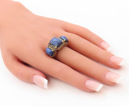 925 Sterling Silver Vintage Ring Diamonds & Blue Gemstones Inlay  Sz 8  RG31070