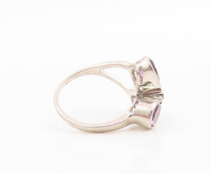925 Sterling Silver Vintage Ring Three Stone Amethyst Floral Petal Sz 7 RG36184