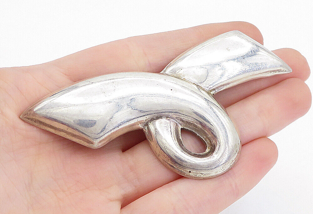 MEXICO 925 Sterling Silver  Vintage Swirled Ribbon Motif Brooch Pin  BP1470