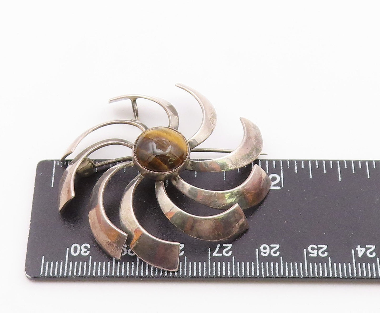ISRAEL 925 Sterling Silver Vintage Tiger's Eye Spiral Fidget Brooch Pin BP9520