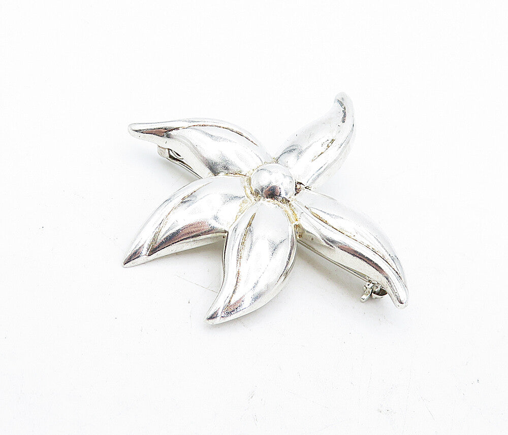 925 Sterling Silver  Vintage Shiny Polished Flower Motif Brooch Pin  BP1859