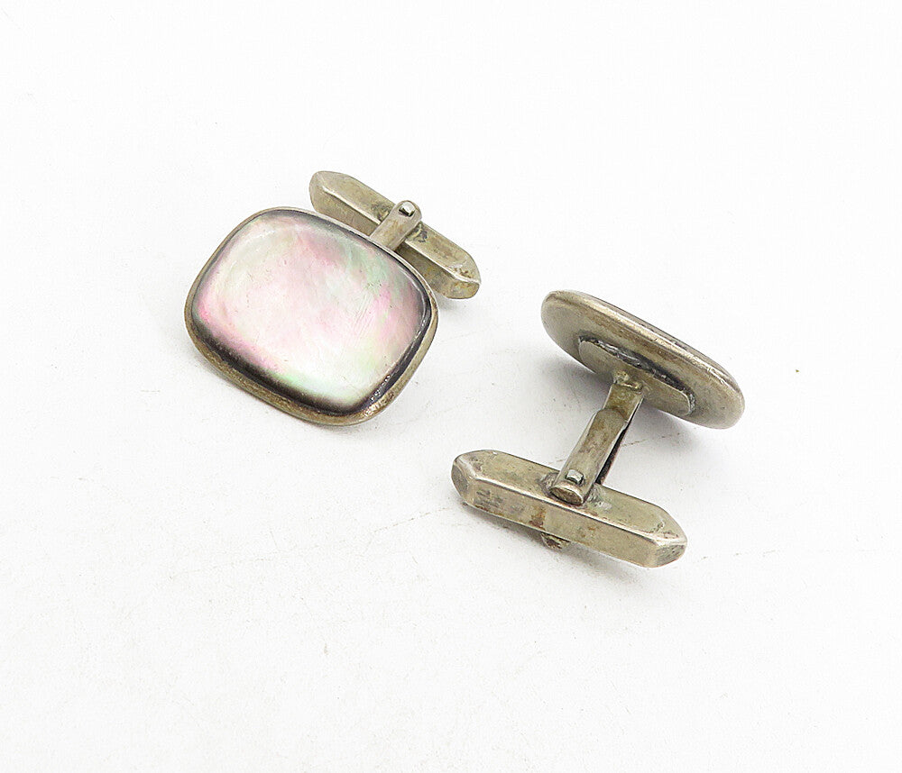 925 Sterling Silver  Vintage Abalone Shell Rounded Square Cuff Links  TR1459