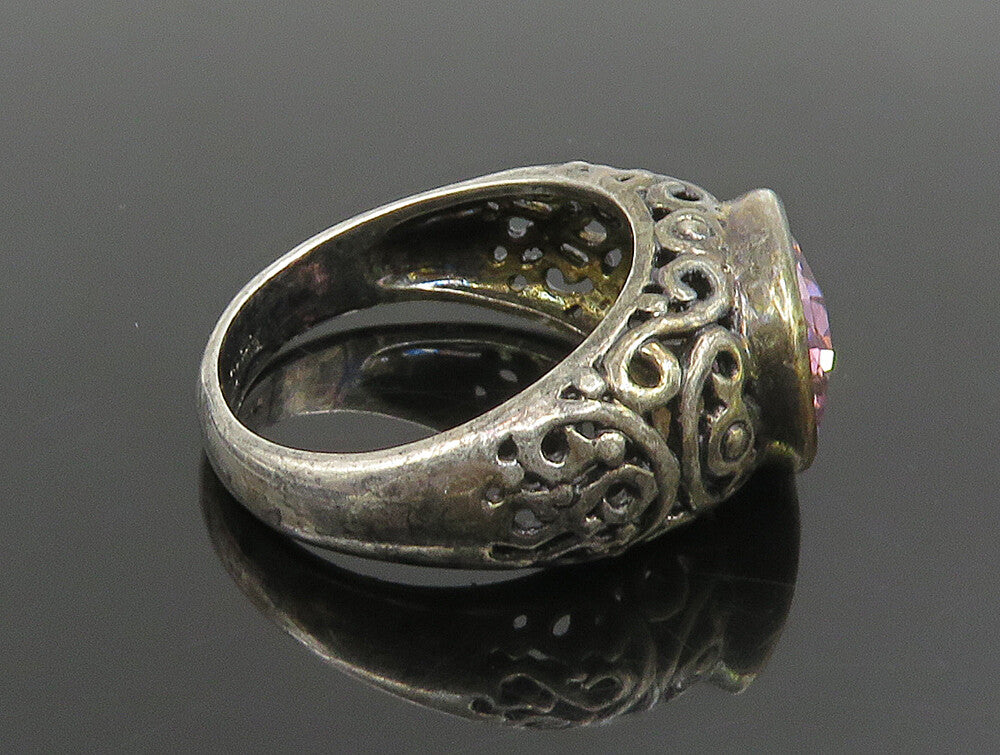 925 Sterling Silver  Vintage Pink Cubic Zirconia Scroll Ring Sz 10  RG24659