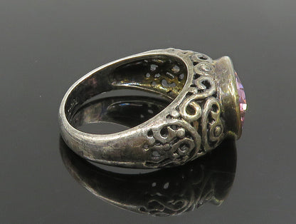 925 Sterling Silver  Vintage Pink Cubic Zirconia Scroll Ring Sz 10  RG24659