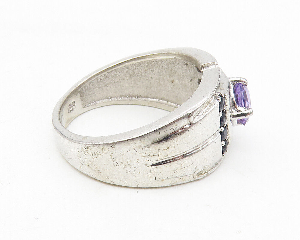 925 Sterling Silver  Amethyst & Sapphire Shiny Round Band Ring Sz 7  RG10355