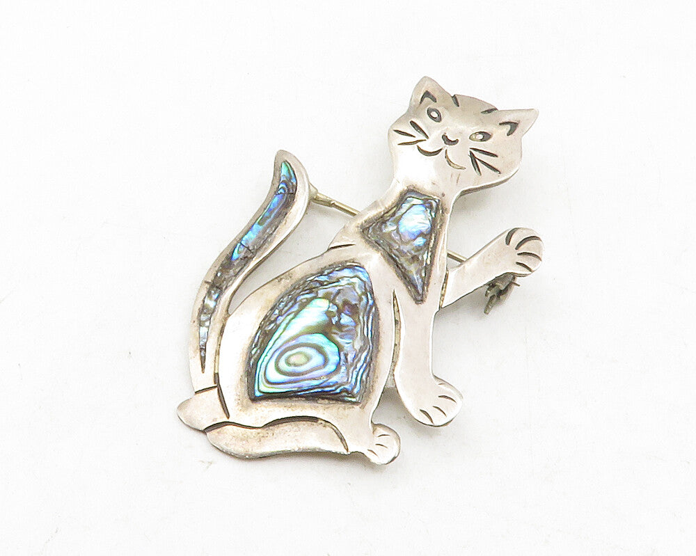 MEXICO 925 Sterling Silver  Vintage Abalone Siting Cat Brooch Pin  BP4684
