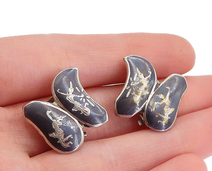 SIAM 925 Sterling Silver  Vintage Niello Dancer Non Pierce Earrings  EG2582