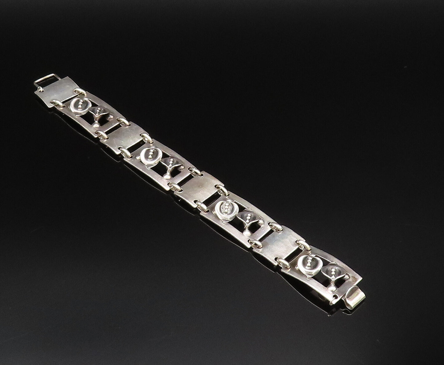 925 Sterling Silver Vintage 3D Flowers Hammered Rectangle Link Bracelet BT9593