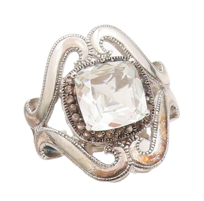 925 Sterling Silver Vintage Ring Swirly Green Amethyst & Diamonds Sz 9.5 RG29611