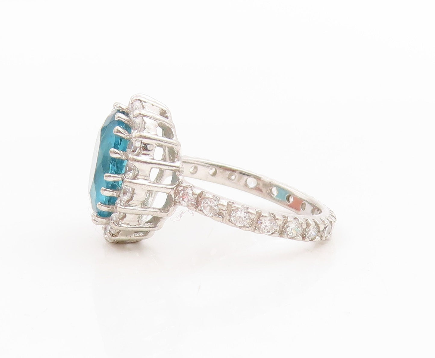 925 Sterling Silver Vintage Ring Faceted Blue Topaz Halo CZ Band  Sz 6  RG33920