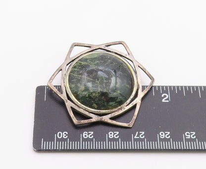 ENGLAND 925 Sterling Silver  Vintage Cabochon Green Stone Brooch Pin  BP9319