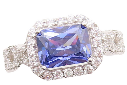 925 Sterling Silver Vintage Ring Rectangle Cut Sapphire Halo CZ  Sz 7  RG31379