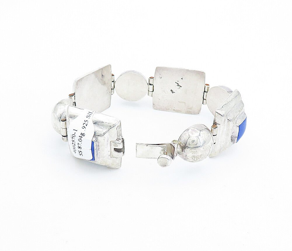 925 Sterling Silver  Vintage Lapis Lazuli Dome Hinge Chain Bracelet  BT1800