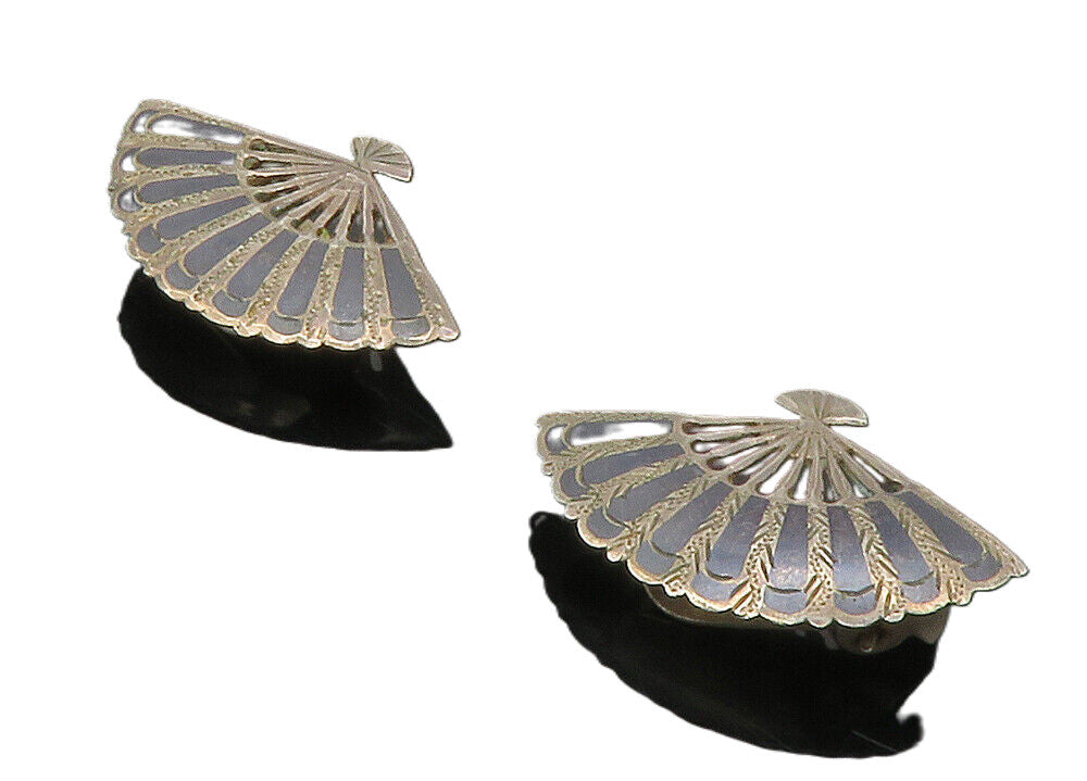 SIAM 925 Sterling Silver Vintage Enamel Fan Motif Non Pierce Earrings EG7414
