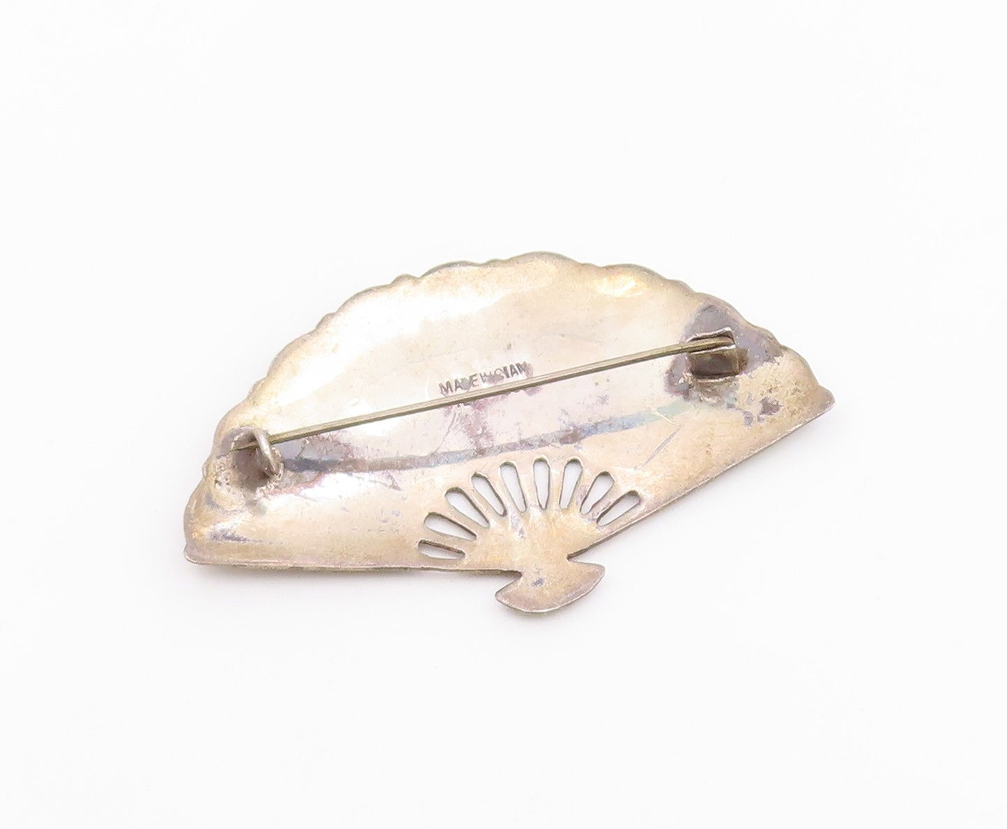 SIAM 925 Sterling Silver  Vintage Niello Enamel Hand Fan Brooch Pin  BP6528