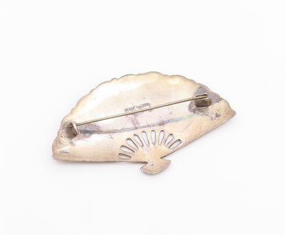SIAM 925 Sterling Silver  Vintage Niello Enamel Hand Fan Brooch Pin  BP6528