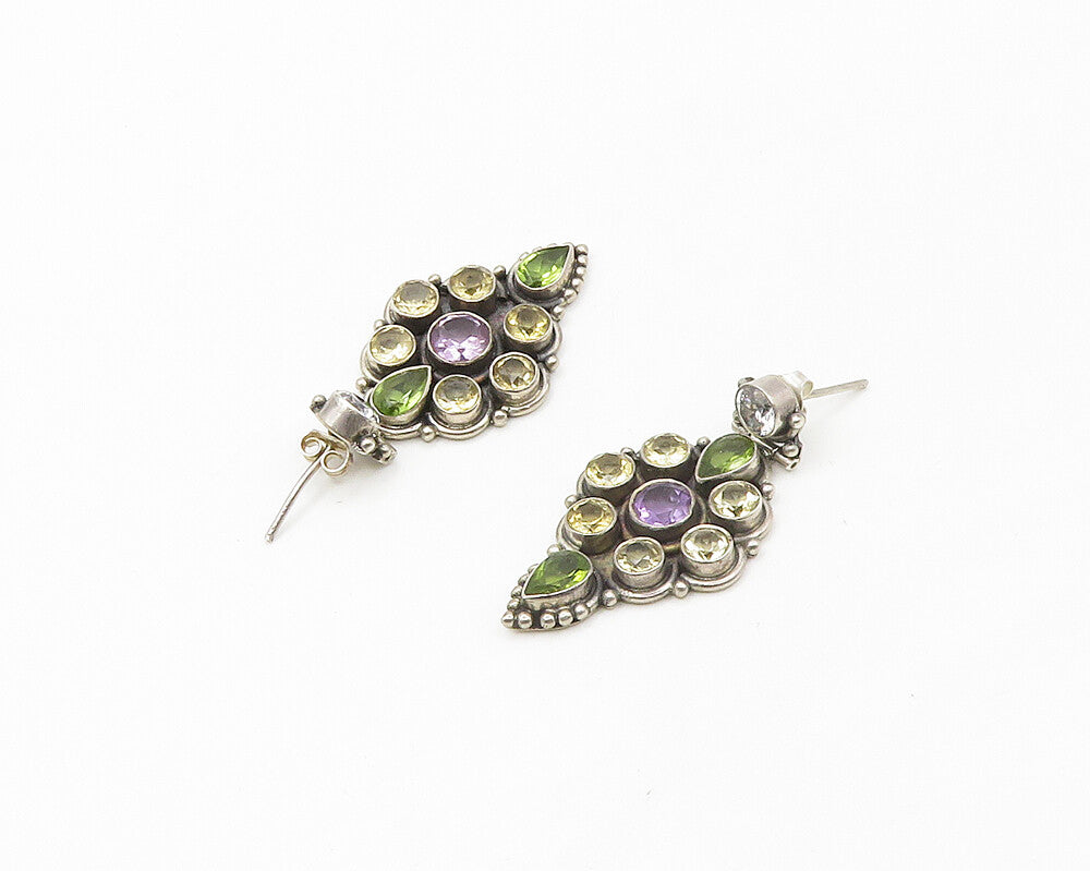 925 Silver   Vintage Cubic Zirconia Amethyst & Peridot Drop Earrings  EG8959