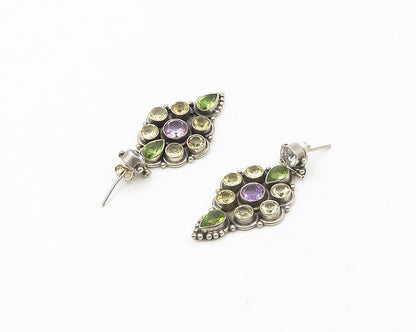 925 Silver   Vintage Cubic Zirconia Amethyst & Peridot Drop Earrings  EG8959