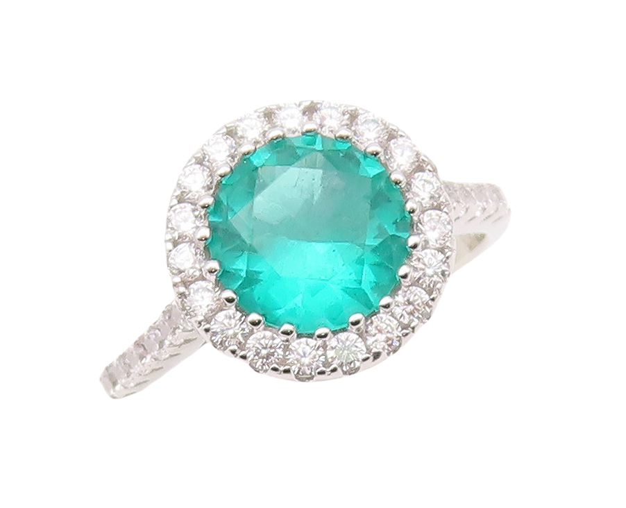 925 Sterling Silver Vintage Ring Round Cut Green Halo White CZ  Sz 7  RG29883
