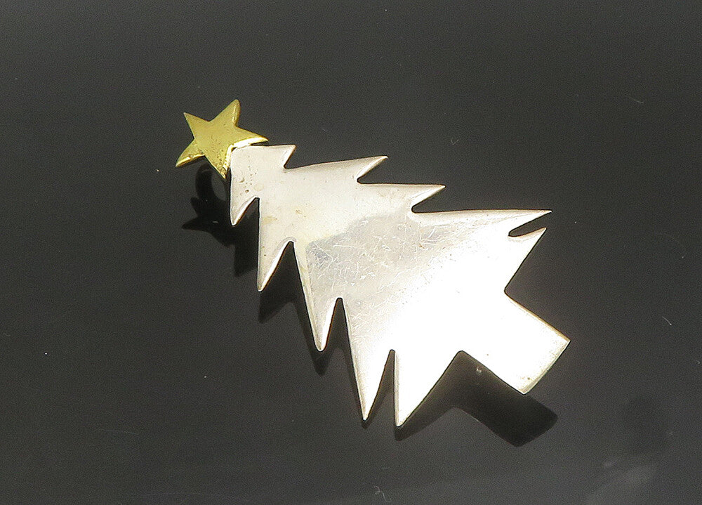 MEXICO 925 Silver  Vintage Two Tone Christmas Tree & Star Brooch Pin  BP8743
