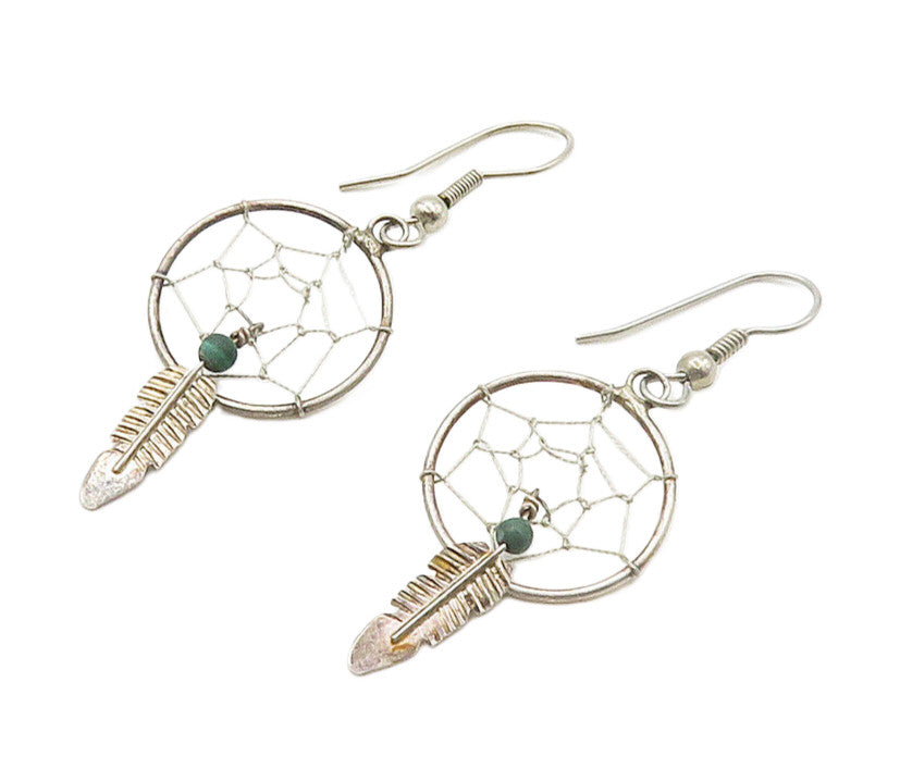 SOUTHWESTERN 925 Silver Vintage Turquoise Dream Catcher Drop Earrings EG7986