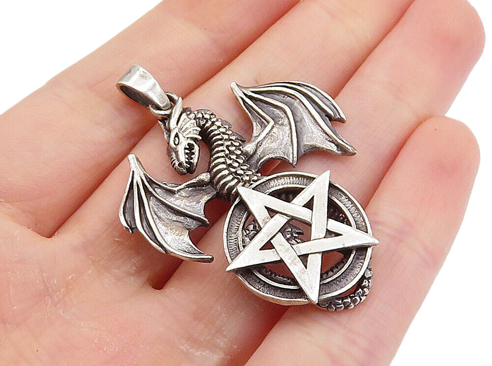 925 Sterling Silver  Vintage Pentagram Star & Flying Dragon Pendant  PT5969
