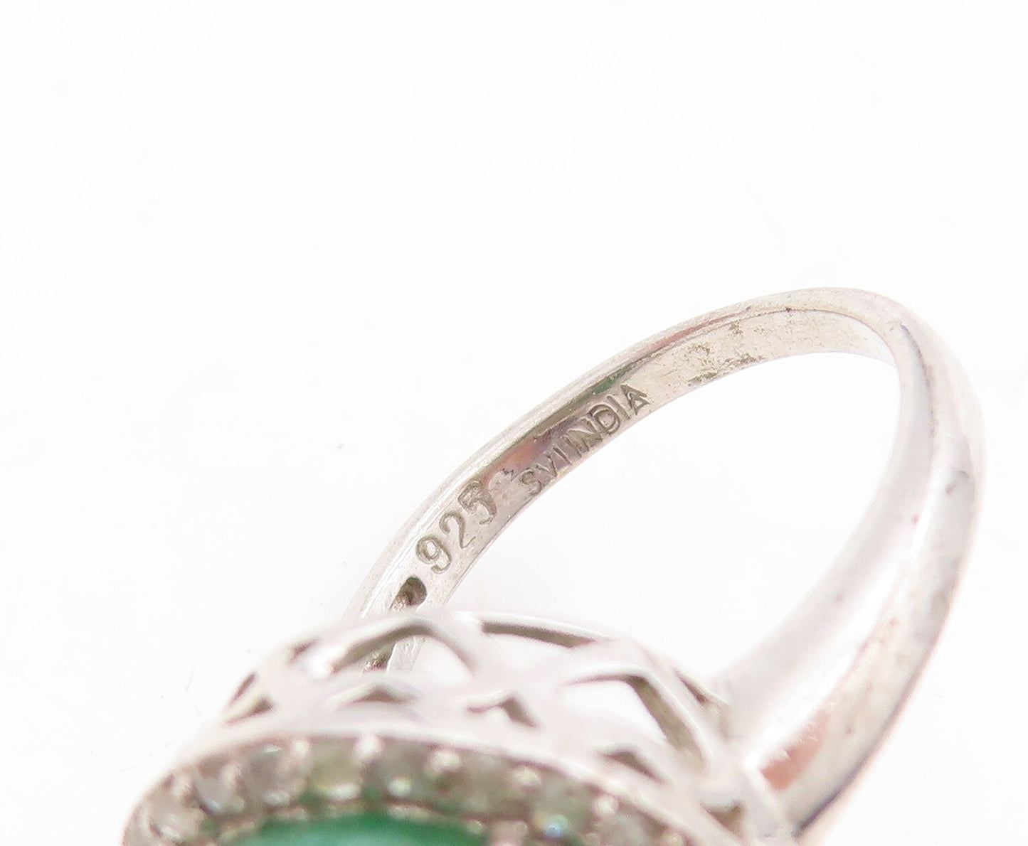 925 Sterling Silver Vintage Ring Diamonds Inlay Drop Cut Gemstone  Sz 6  RG31585