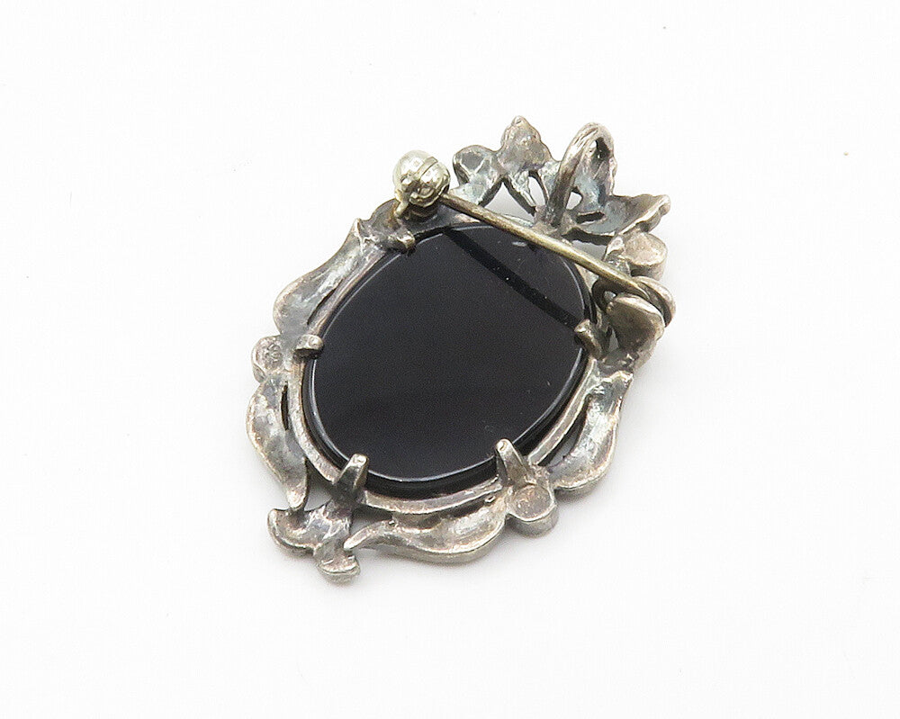 925 Sterling Silver  Vintage Mother Of Pearl & Black Onyx Brooch Pin  BP5386